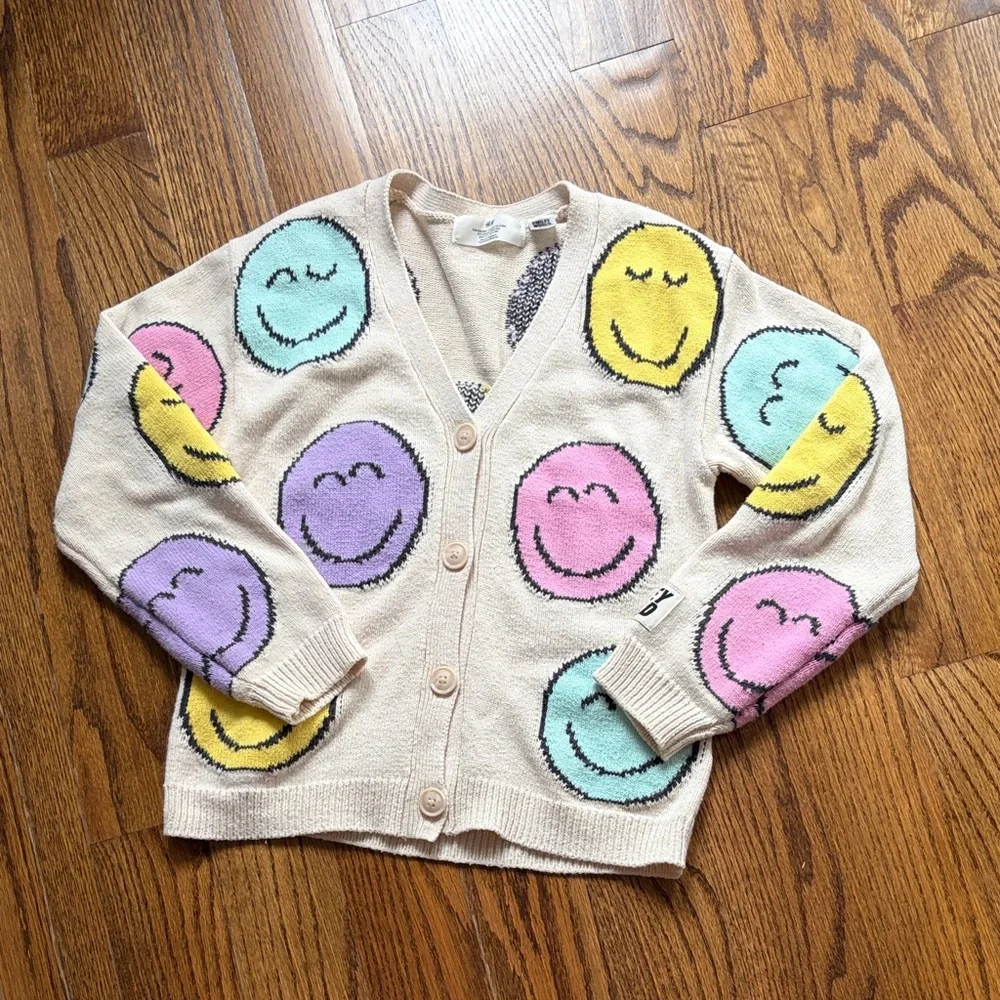 Girls H&M cream v-neck smiley face sweater - Picture 1 of 5